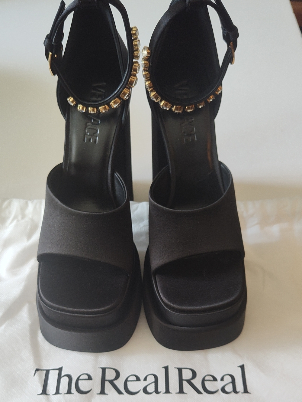 VERSACE Medusa "Aevitas"Black Platform Sandals Crystal Ankle Strap Size 36 US 6